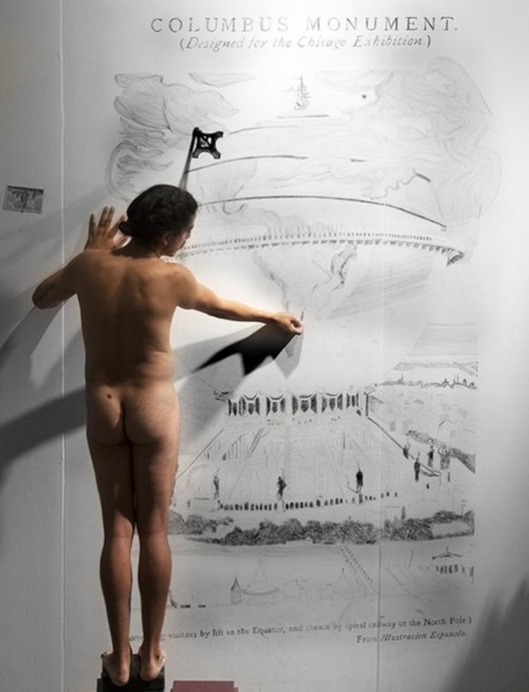 Emilo rojas performing memorial to an unbuild monument and.or a litany of reduction at expo chicago 2017